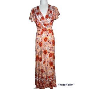 Zesica Floral Wrap Dress Maxi Length Pink Orange Flowers NWTS Revolve Small C1